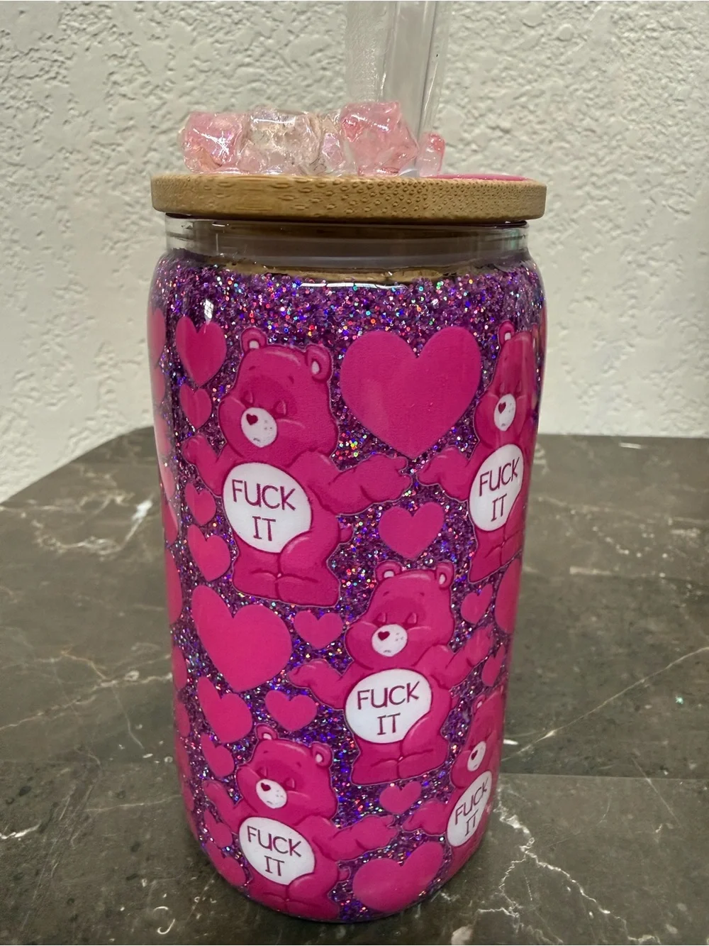 Swear Bear Fuk It Pink Glitter 12 oz Wine Glass Cup with Lid Handmade